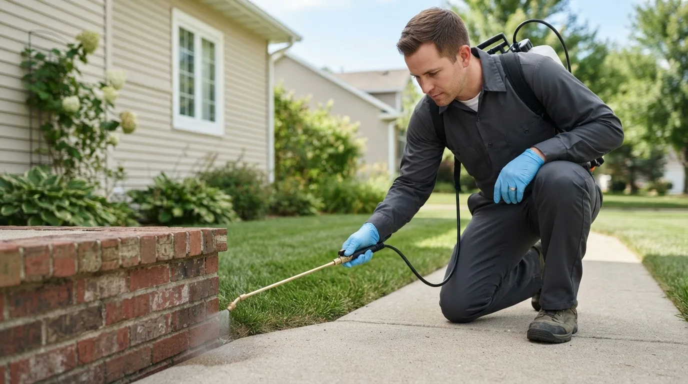 Pest control technician treating a home near Viola, DE